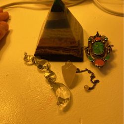 Rose Quartz Pendulum, Pyramid, Turquoise Charm And Moon Crystal For Rear View Mirror