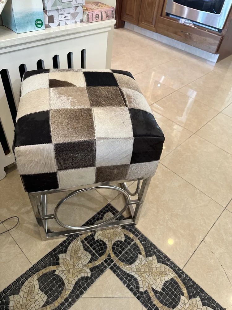 Mohair Cowhide Ottoman Leather Stool With Steel Chrome Base