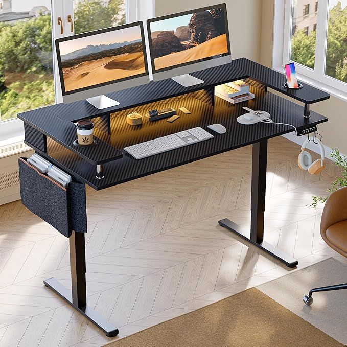 Bestier LED Electric Standing Desk Adjustable Height, 58x26 Inch Large Sit Stand Desk with Monitor 