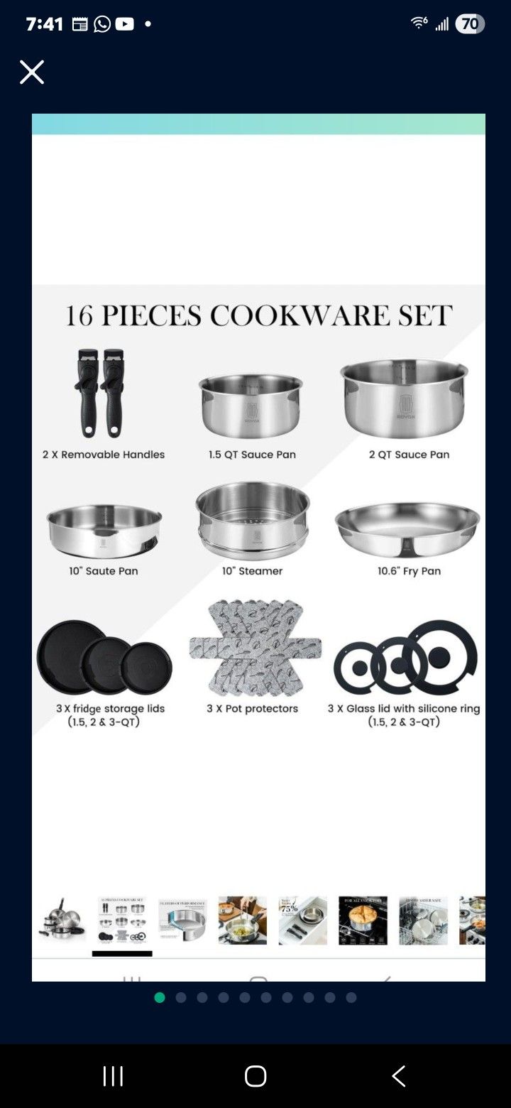 ROYDX 3-Ply Pots and Pans Set,18/10 Stainless Steel Cookware Set with Detachable Handles,PFOA Free, Frying Pan,Saucepans with Lid for All Stoves, Dish