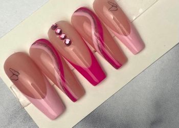 Long coffin pink nude press on nails French tips rhinestones