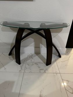 Round Glass Top Console Table Dark Wood Base