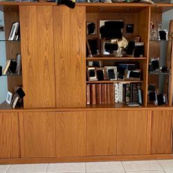 Solid Teak Custom Wall Unit With Built In Stereo System And Shelves