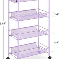 Four-tier rolling trolley, multi-purpose metal trolley with 3 hooks, easy to use (purple, black).