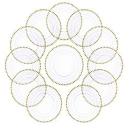 Brand New 10 Pcs 13'' Gold Clear Plastic Charger Plates with Bead Rim Round Clear Beaded Charger Plate Decorative Dinner Tableware 