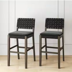 NATHAN JAMES Cohen 29 in. Wood Mid-Century Faux Leather Counter Height Bar Stool, with Woven Back for Kitchen, Black, (Set of 2)