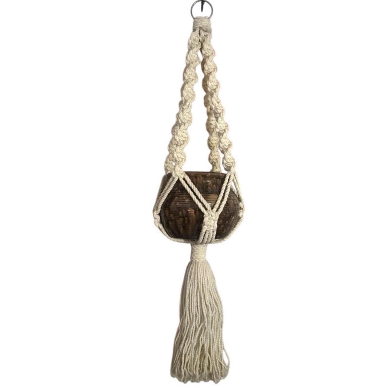 1970’s Handmade 3’ Braided Macrame Plant Hanger w/Spotted Ceramic Pot