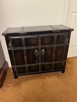Dark Brown Leather-Wrapped Cabinet with Brass Hardware