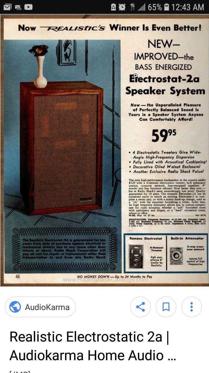 Realistic electrostat model 2A speakers analog FM hundred-watt 8-track receiver