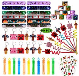 98 Pcs Minecraft Party Favors Minecraft Birthday Supplies Straw Bubble Slap Band Sticker Minecraft Toy Gift Boy Girl Goodie Bag Stuffer Party Favors f