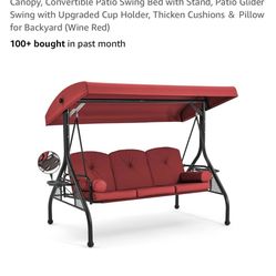 3 Seat Outdoor Porch Swing with Adjustable Canopy, Convertible Patio Swing Bed with Stand, Patio Glider Swing with Upgraded Cup Holder, Thicken Cushio