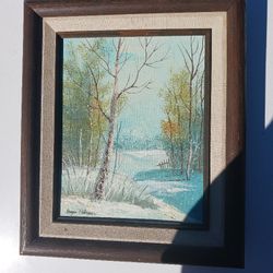 Small Framed Winter Snow Landscape Oil On Canvas Painting Signed Grauce Palmer