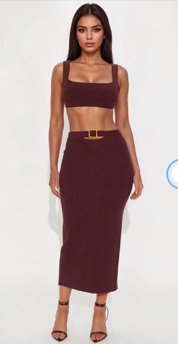 Dark brown ribbed knit two piece set cut out skirt
