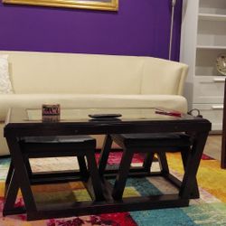 Black Coffee Table With 2 Stools And Glass Top