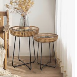 Set of 2 Rattan Round Tray Top Side Tables
