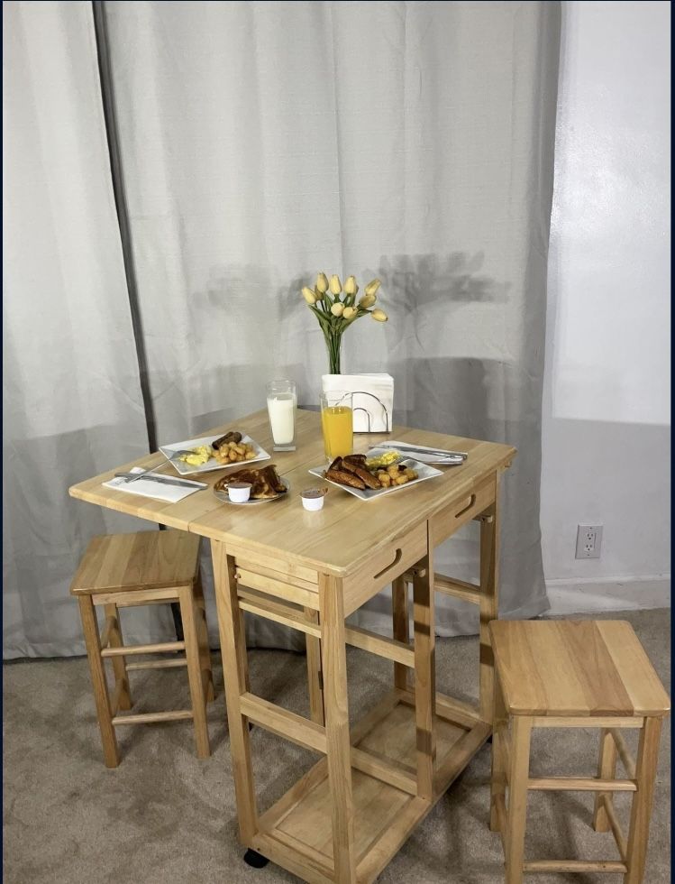Drop Leaf Breakfast Bar & 2 Stools SPACE SAVER