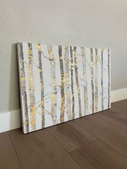 36x24 Gold Textured Birch Tree Branches Canvas Artwork With Gold Leaf Foil