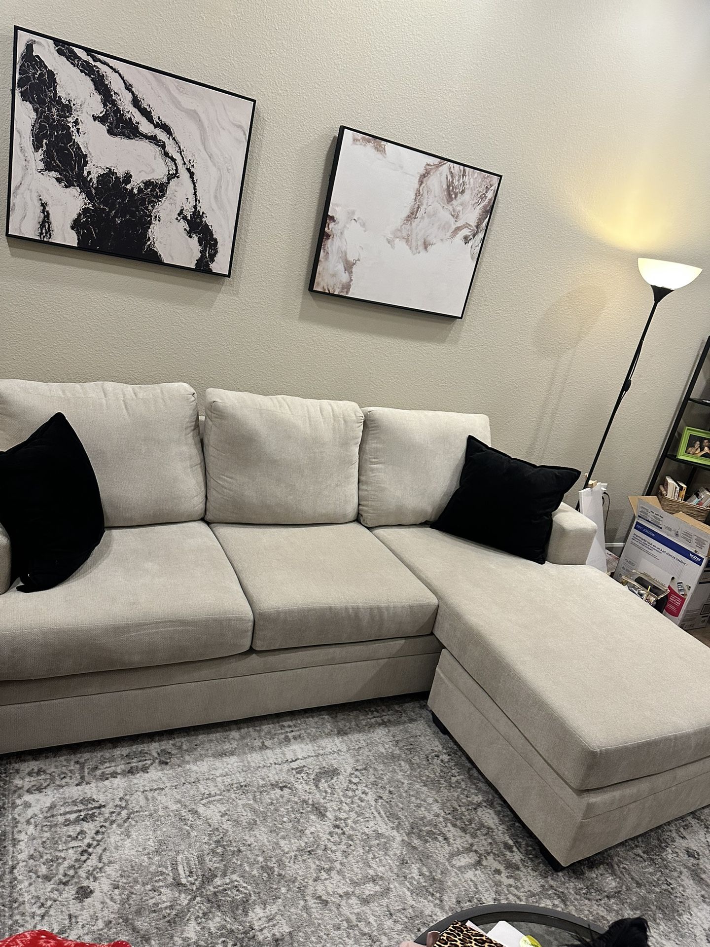 Living spaces: Bonaterra Sand Beige Fabric 97" Sofa with Reversible Chaise | Track Arms | Loose Reversible Back