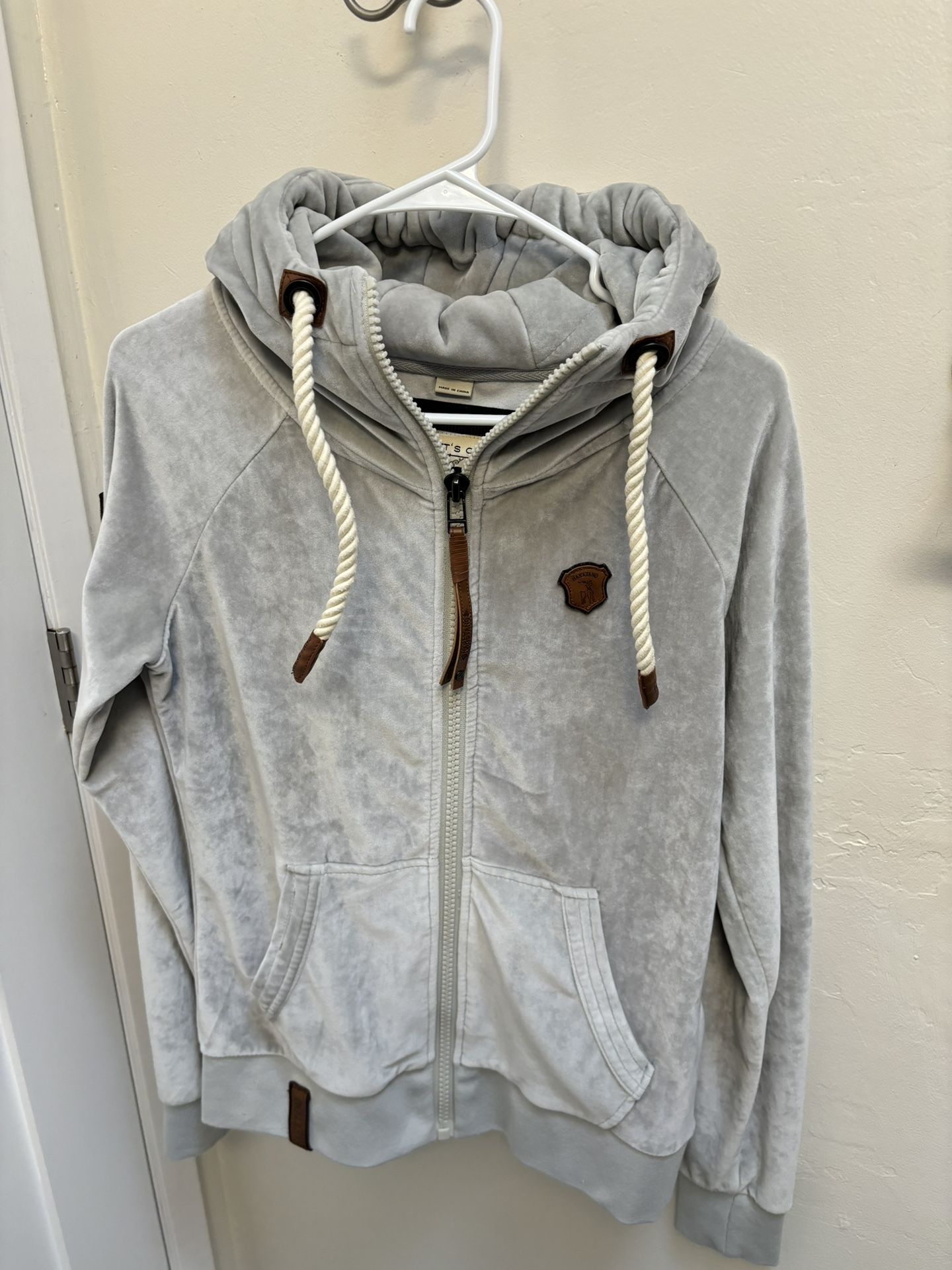 Women’s Medium Zip-Up Hoodie, Light Gray Velour, Naketano Brave New Bird, The Poet’s Choice