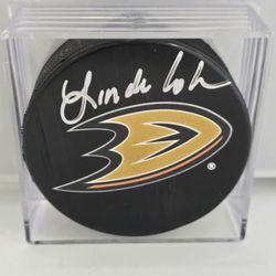Linda Cohn Signed Anaheim Ducks Logo Puck LCO Exclusive COA ESPN SPORTSCENTER