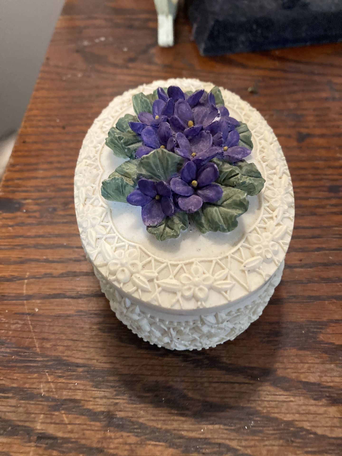 Vintage Porcelain Purple Floarl Trinket Dresser Box