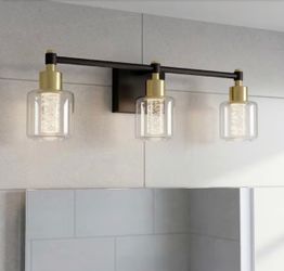 Champagne Globe 26 in. 3 Light Black & Gold Modern Integrated LED 5 CCT Vanity Light Bar for Bathroom with Bubble Glass