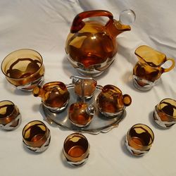  Vintage 1924 Farber Bros 13pc Amber Glass w/ Chrome  Mini Tea Set