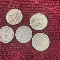 Monedas Del Salvador De Plata 2 Arras Antigua Y 3 Moneda De 25 Centavos Del Año De 1953 Las 3