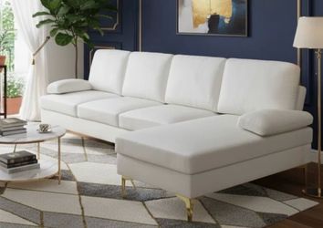 NEW L Shaped Sectional Sofa W/ Right Chaise Lounge & Gold Legs, Velvet 4 Seat Couch !