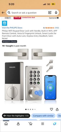 Best offer!! Philips WiFi Keypad Door Lock with Handle, Built-in WiFi, APP Remote Control, Voice & Fingerprint Unlock, Smart Locks for Front Door with