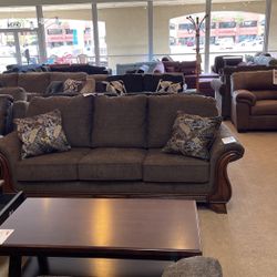 Brown Sofa & Loveseat w/ Wooden base 