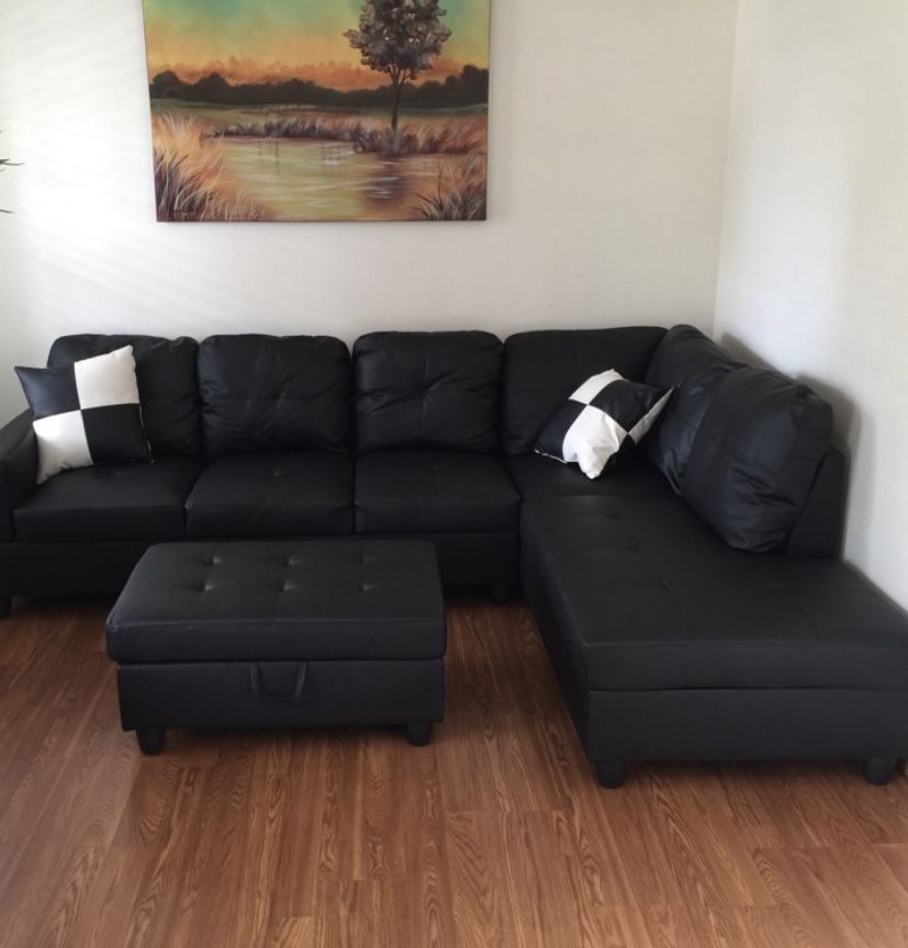 New Black Faux Leather Sectional Couch With Storage Ottoman