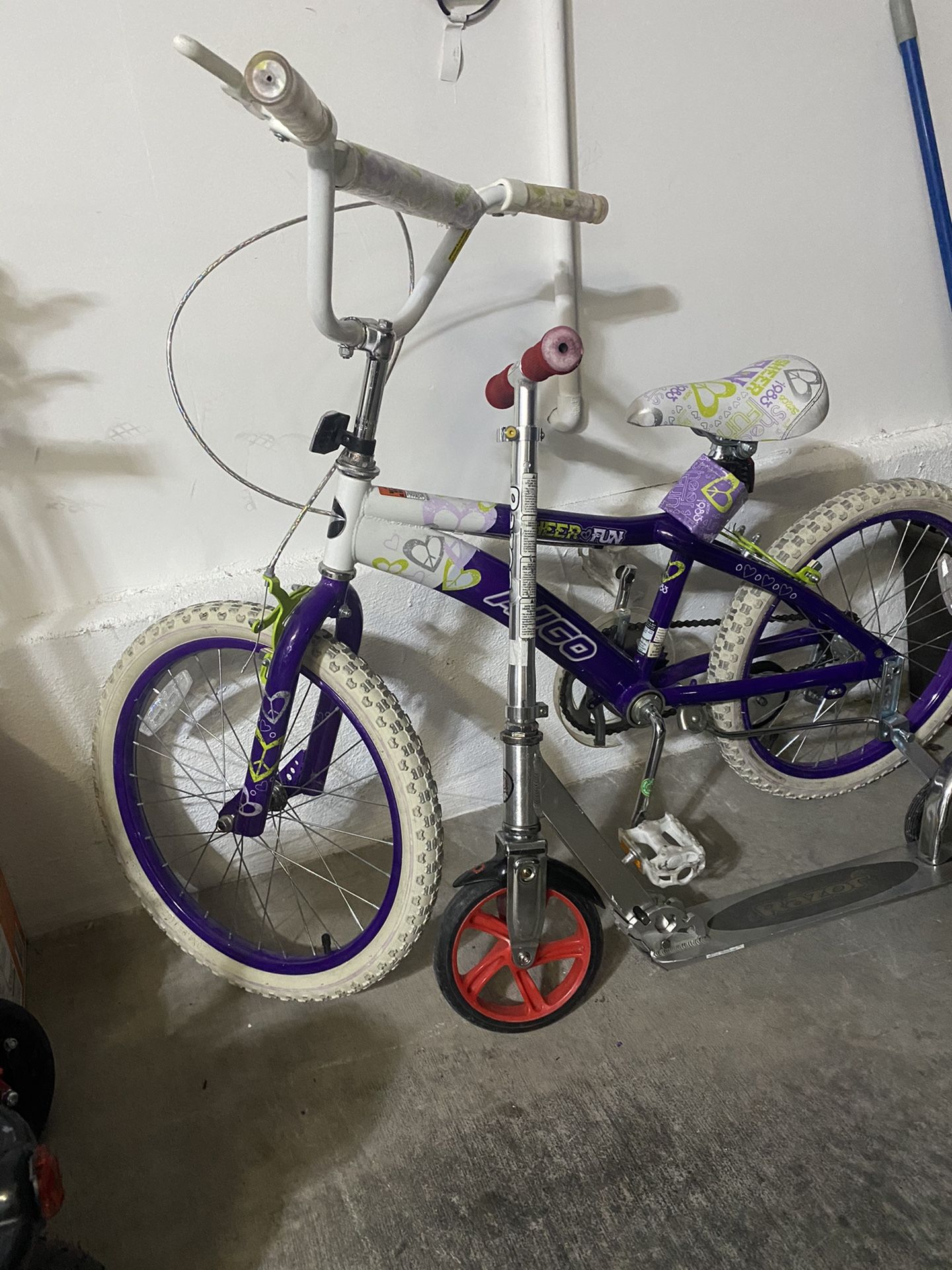 Girls bike and folding razor scooter