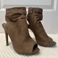 Chic Suede Peep Toe Booties – Tan Stiletto Heels | Size 7 