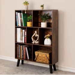 Cube Bookshelf 3 Tier Mid-Century Rustic Brown Modern Bookcase with Legs,Retro Wood Bookshelves Storage Organizer Shelf,Freestanding Open Book Shelves