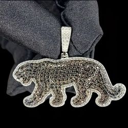 Iced Out Micro Pave 14K White Gold Plated Black Cubic Zirconia Panther Pendant With 23.62 Inches Chain Necklace 