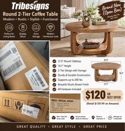 NEW Tribesigns Round Coffee Table – Rustic Brown – Open Box