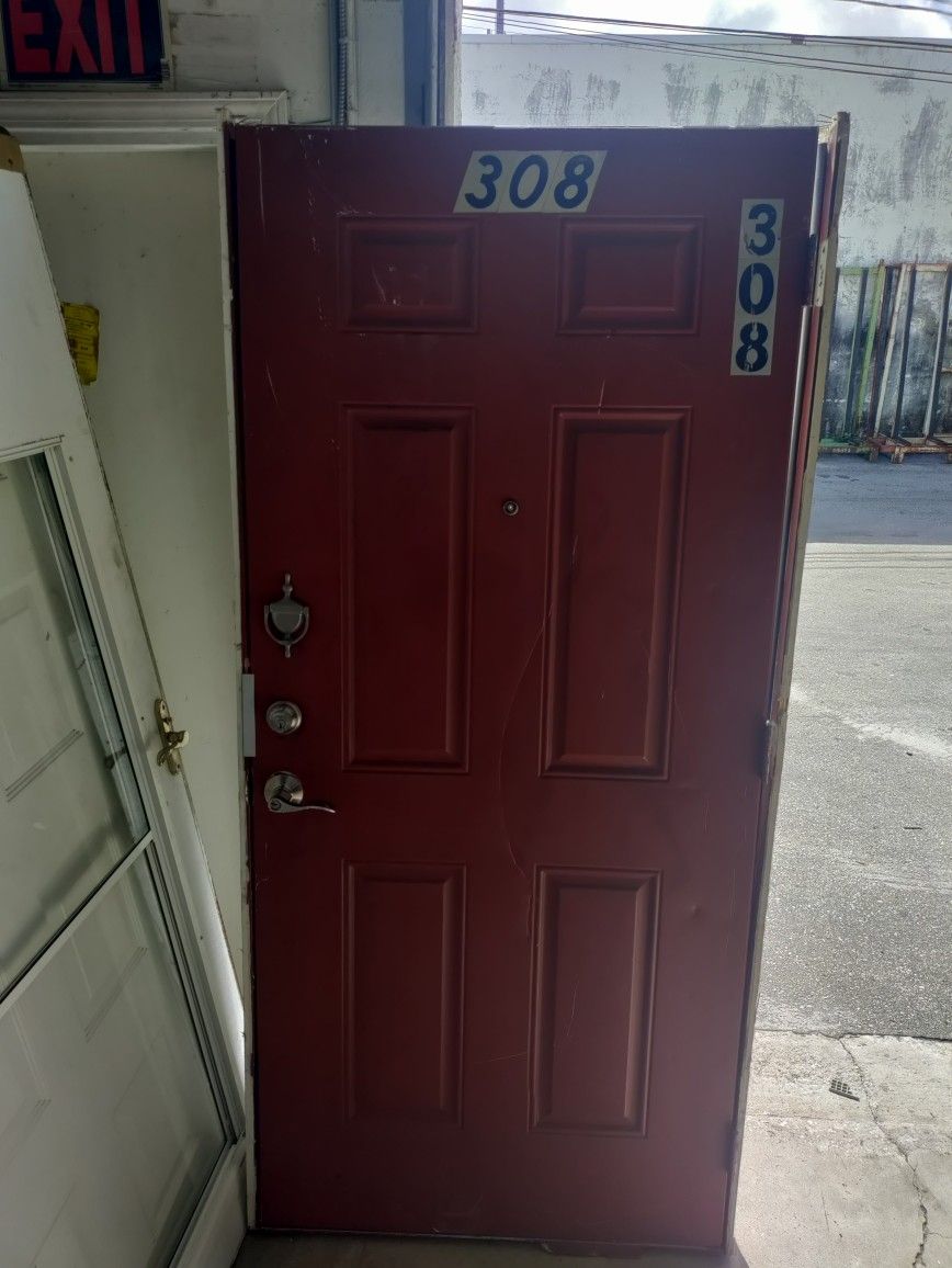 Exterior Metal Six Panel Door Minor Scratches With Frame Except Top Vertical Piece Hurricane π Impact 36x79