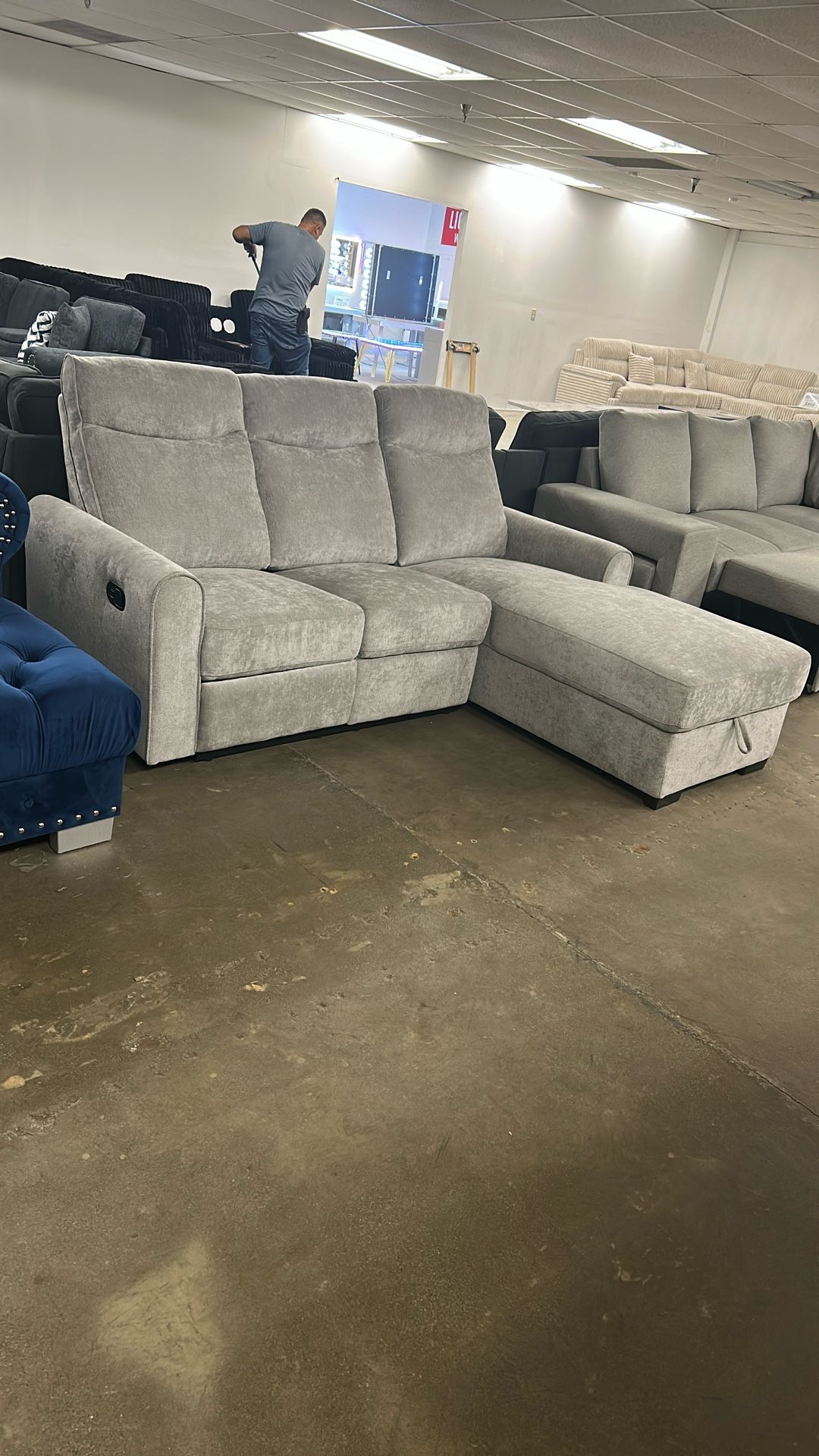 Black Friday Floor Model Sale! Grey Fabric Reclining Sofa Chaise With Storage 