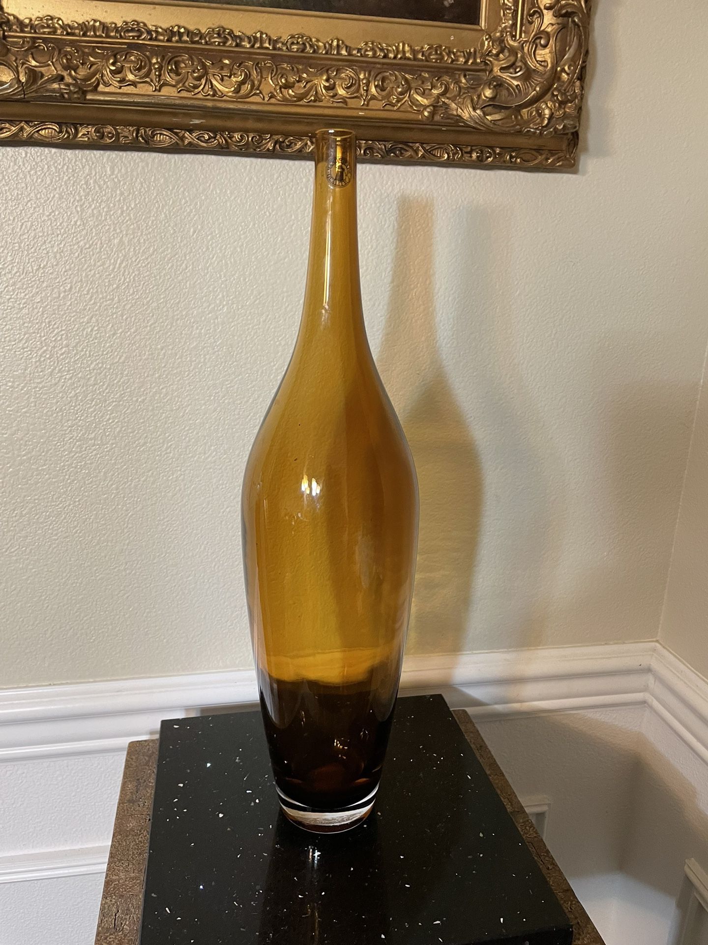 Hand Made Amber Glass Tall Bottle/Vase 15.5”T