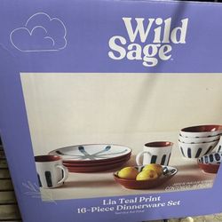 Wild Sage Lia Teal Print Dinnerware Set, 16-piece set, service for four.