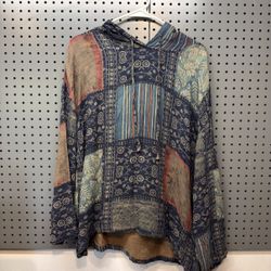Women's Boho Patchwork Hooded Pullover - Indigo Blue Bohemian Hippie Top, Size L