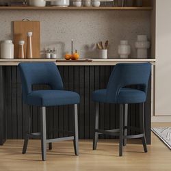 Navy Blue Upholstered Bar Stools - Set of 2