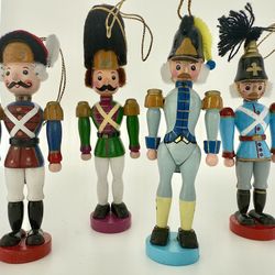 Four Vintage 1984 Kurt S. Adler Nutcracker Soldier Wooden Ornaments   5” tall. *Reduced