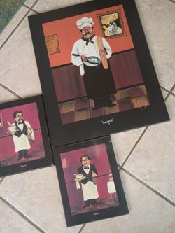 Vintage set of threeFrançois Léger featuring classic French chef and waiter characters named “Leopol,” “Maurice,” and “Gaston