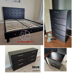 NEW QUEEN BEDFRAME DRESSER CHEST AND 1 NIGHTSTAND. MIRROR NOT INCLUDED. SET ALSO SOLD SEPARATELY 