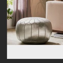 Silver Moroccan Leather Pouf/ Foot Stool Cushion