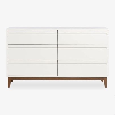 Laramie 6-Drawer Dresser – White Wooden Modern Storage Chest Tapered Legs with Sleek Drawer Pulls