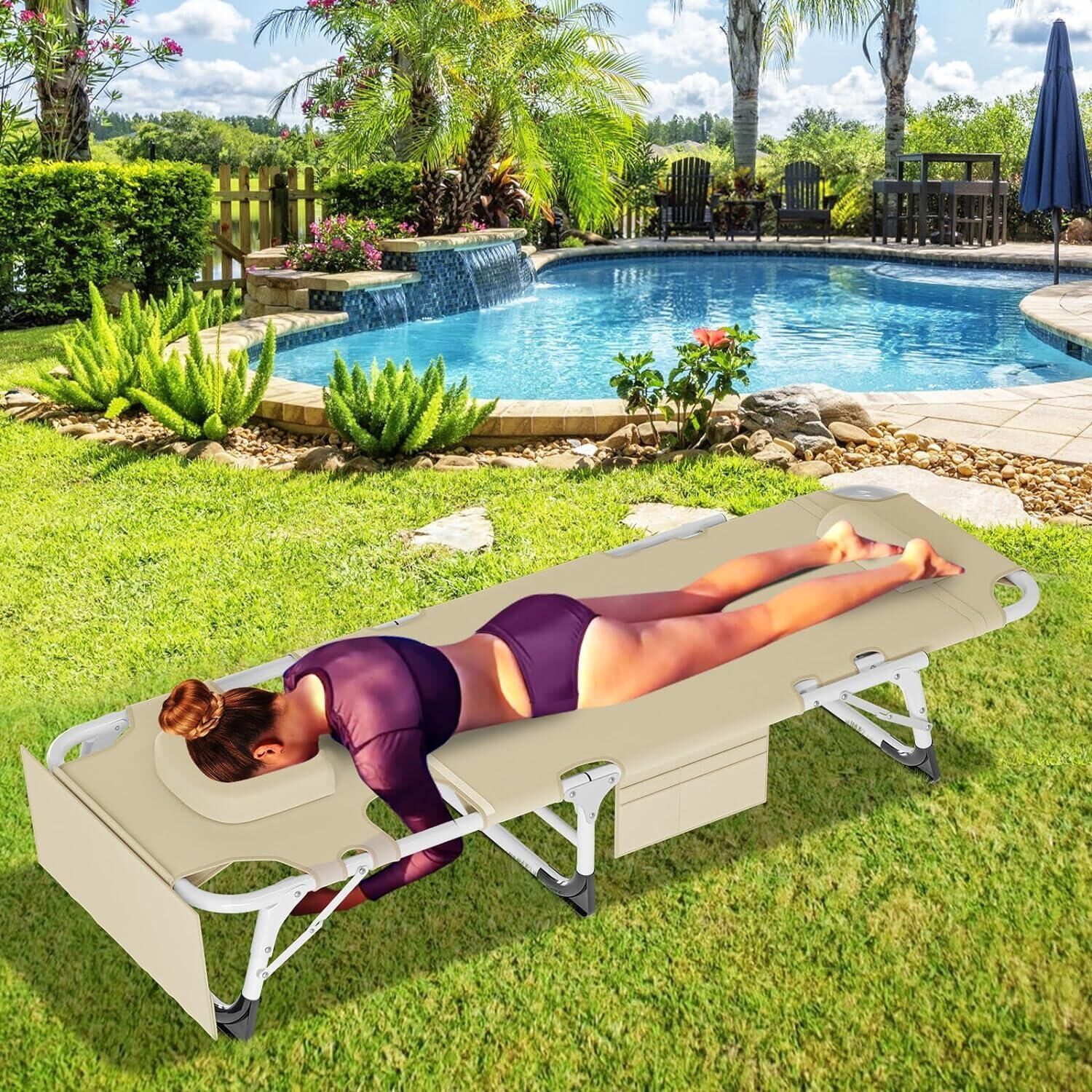 Folding Beach Lounger with Face Arm Hole for Patio, Poolside