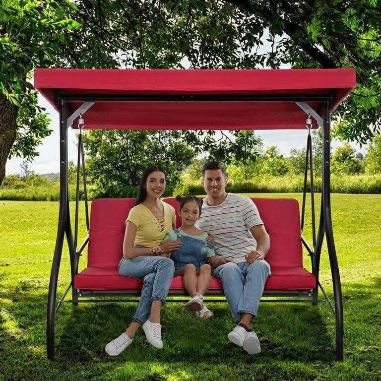 Red Patio Swing Chair, 3-Seat Porch Swing with Adjustable Canopy, Cushions for Backyard, Garden, Poolside